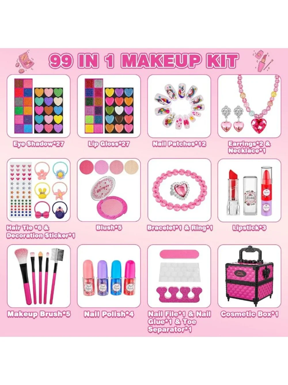 99 Pcs Kids Makeup Set for Girls, Washable Cosmetics, Mirror & Accessories, Age